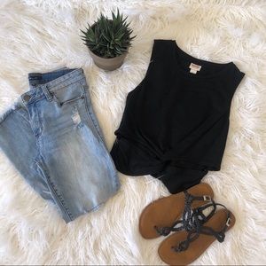 Super soft, black,  front knot, crop top